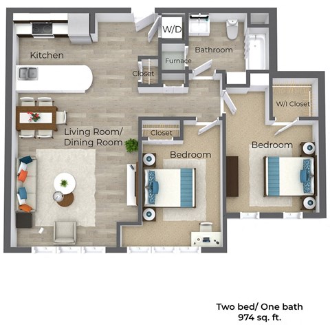 Floor plan for 2 beds, 1 bath, 974 sqft